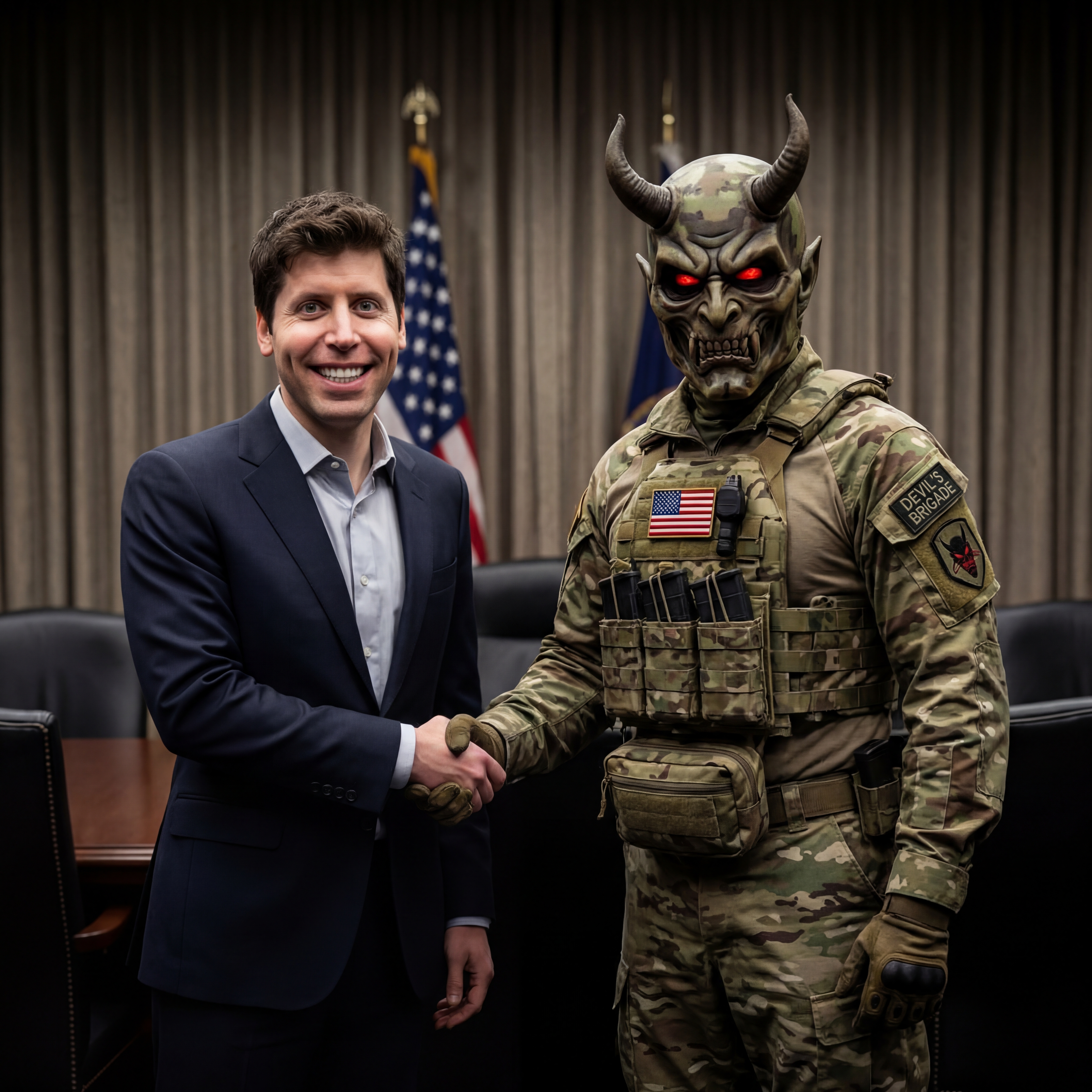 KI-generiertes Bild: Sam Altman schüttelt die Hand eines teuflischen Militärsoldaten
